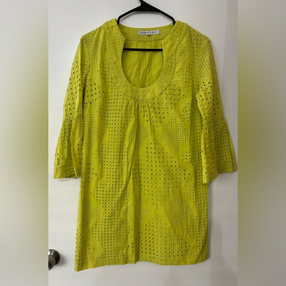 Trina Turk Bonita Pastiche Eyelet Bell Sleeve Cotton Shift Dress Size 6 Cruise